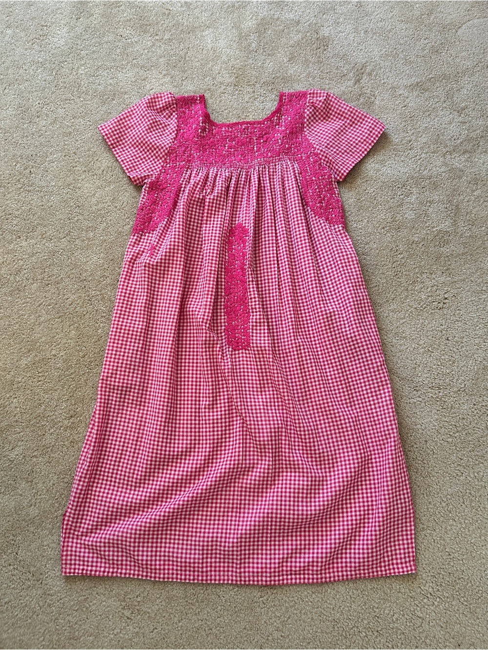 Mi Golondrina Hot Pink Gingham Midi Dress with Embroidered Yoke